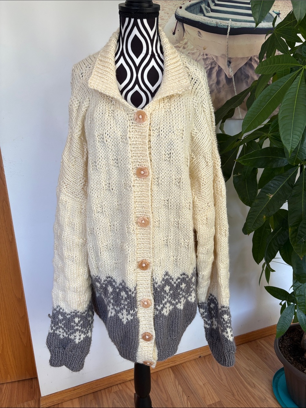 Hand made Cream and Gray Button-Front Wool Blend Cardigan Sweater new